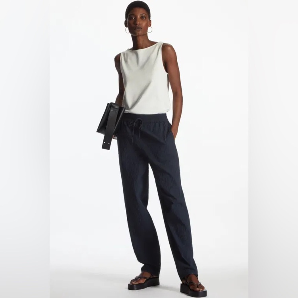 COS Regular Fit Elastic Waist Drawstring Seersucker Trousers Straight Leg Cotton